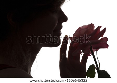 silhouette face profile of a young happy woman with a rose in hands, romantic girl with a bud of flower on a white isolated background