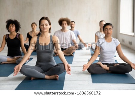 Diverse young people wearing sportswear meditating at group lesson, practicing yoga, sitting in Easy Seat pose on mats, doing Sukhasana exercise, working out, relaxing in modern yoga studio Royalty-Free Stock Photo #1606560172