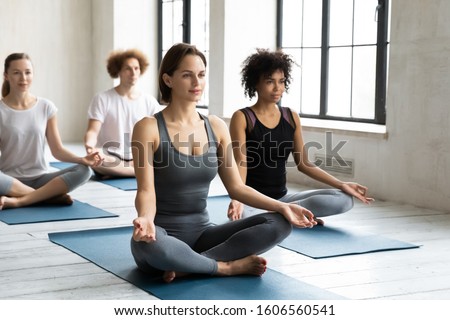 Diverse young people sitting in Easy Seat pose on mats, practicing yoga at group lesson, meditating in Sukhasana exercise, working out in modern yoga studio, stress relief and wellness Royalty-Free Stock Photo #1606560541