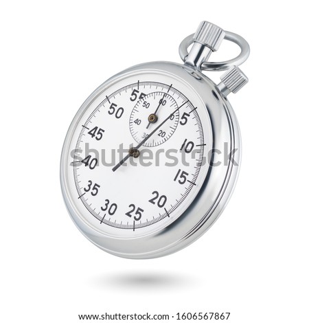 Classic metallic chrome mechanical analog stopwatch isolated on white background. Royalty-Free Stock Photo #1606567867