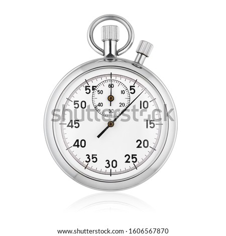 Classic metallic chrome mechanical analog stopwatch isolated on white background. Royalty-Free Stock Photo #1606567870