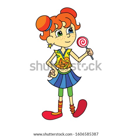 Vector image of a red-haired girl with a Lollipop on a transparent background. Suitable for postcards, covers, children's products.