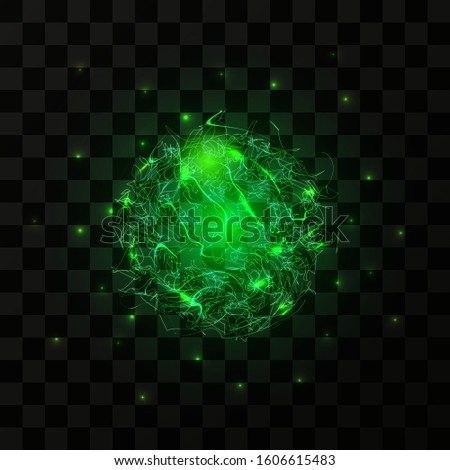 A flash of lightning, magical energy, a powerful electric discharge, an electric ball of green color. Isolated illustration on dark background. Realistic 3d, Vector, EPS 10 Royalty-Free Stock Photo #1606615483