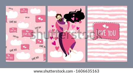 Set of Valentine's Day greeting cards with dancing couple, speech bubble, and clouds