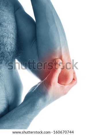  Acute pain in a young man elbow. Concept photo.