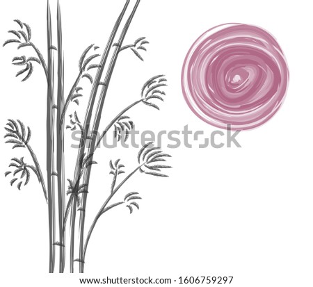 Black bamboo trees and red sun drawn in minimalist style ink on a white background, Japan, sumi-e, u-sin, hieroglyph-zen, go-hua - vector