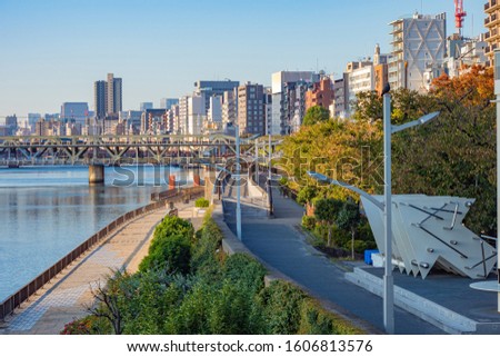 Japan. Tokyo. Residential quarter in Tokyo. Bridge over the river, residential and under construction houses on the waterfront. Infrastructure of the Japanese city. Travel to East Asia. 