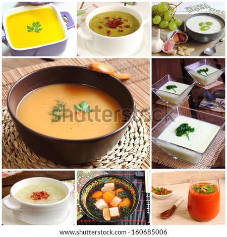 Collage of soups assortment (red and white gazpacho, chicken and vegetable, vichyssoise, pumpkin and carrot, peas, melon and ham and miso)