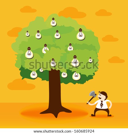 Business man using axes and light bulb idea tree