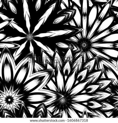 Seamless floral background. Tracery handmade nature ethnic fabric backdrop pattern with saturated dark flowers. Textile design texture. Decorative binary monochrome black and white art. Vector