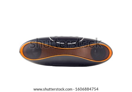 stereo music speaker with two orange speakers on a white isolated background.