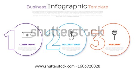 Set line Envelope with christmas party invitation card, Christmas snowman and Lollipop. Business infographic template. Vector