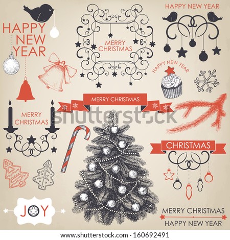 Vector collection of Christmas and New year's elements and hand drawn engraved illustrations. Vector holiday set on aged background