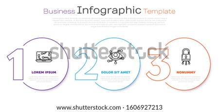 Set line Laptop, Virtual reality and Lock on digital circuit board. Business infographic template. Vector