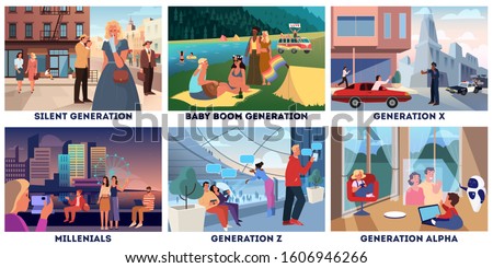 Various generations representation set. Social groups concept, generation type. Silent, boomer, x, millenial, z and alpha. Set of vector illustration Royalty-Free Stock Photo #1606946266