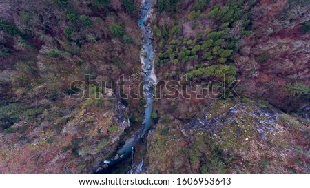 op down drone view of a river gorge flowing through a misty forest alpine landscape on a foggy winters day.