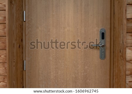 house porch entrance door background textured wooden surface with iron knob, pattern empty copy space for your text here 