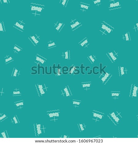 Green Fishing boat on water icon isolated seamless pattern on green background.  