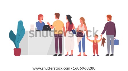 Queue at reception flat vector illustration. People waiting in line at front desk cartoon characters. Airport terminal, hotel registration table design element. Friendly receptionist helping clients. Royalty-Free Stock Photo #1606968280