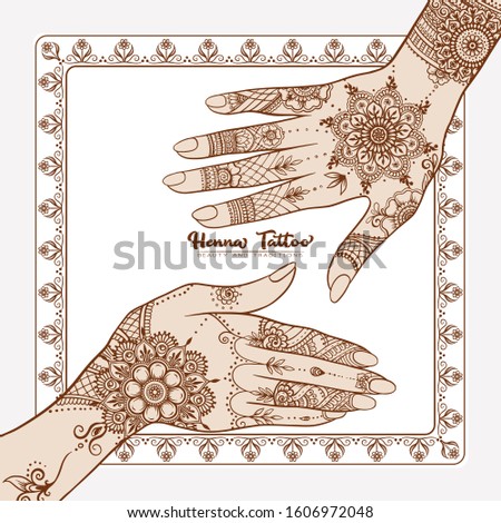 Female hands with traditional indian henna tattoo. Template for tottoo salon banner, wedding invitation, gift voucher, label. Vector illustration.
