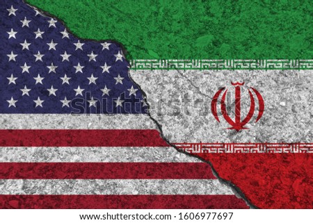 Cracked painted concrete walls between the US flag and Iran. Concept of conflict or bad relationship.