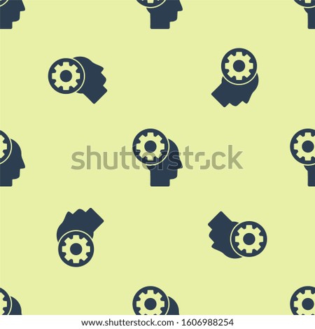 Blue Human head with gear inside icon isolated seamless pattern on yellow background. Artificial intelligence. Thinking brain sign. Symbol work of brain.  