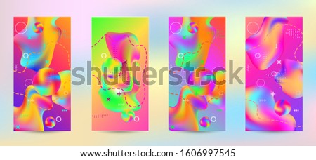 Minimum vector coverage. A set of modern abstract covers. A bright smooth grid is blurred by a futuristic pattern in pink, blue, green, yellow, purple.