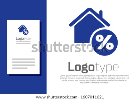 Blue House with percant discount tag icon isolated on white background. House percentage sign price. Real estate home. Credit percentage symbol. Logo design template element. 