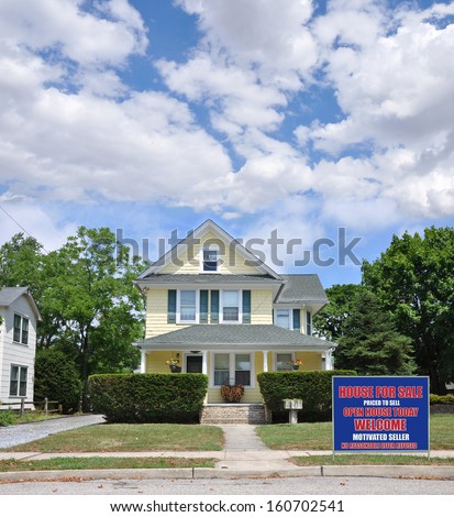 Real Estate For Sale Welcome Open House Sign Suburban Home Sunny Blue Sky Clouds Residential Neighborhood USA