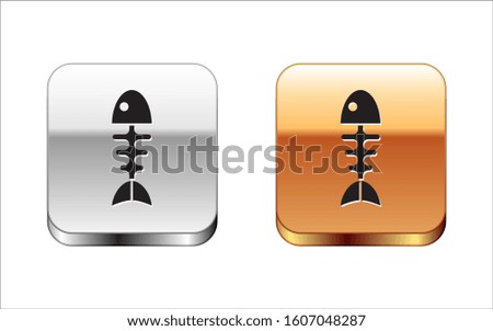 Black Fish skeleton icon isolated on white background. Fish bone sign. Silver-gold square button. 