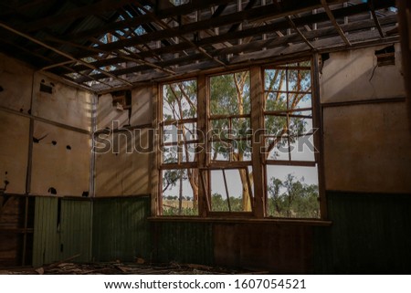 Interior of historic rundown school, dilapidated old building in rural Central Victoria, Australia. Abandoned building in Mologa. 