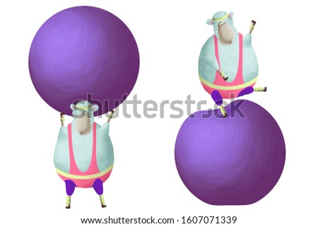 Aerobic 80th. Cute funny sheep posing with ball in retro sport dress. Clip art set, illustrations kit on white background