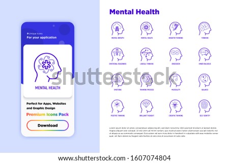 Mental health thin line icons set: mental growth, negative thinking, emotional reasoning, logical plan, obsession, inner dialogue, balance, self identity. Vector illustration for mobile user interface