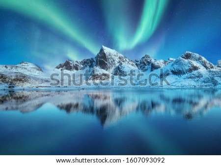 Aurora Borealis, Lofoten islands, Norway. Northen lights, mountains and reflection on the water. Winter landscape during polar lights. Norway travel - image Royalty-Free Stock Photo #1607093092