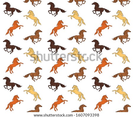 Vector seamless equestrian pattern of different colored drawn doodle sketch running horse isolated on white background