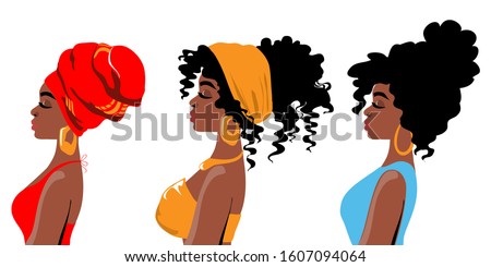 Beautiful three african american girls in profile with different hairstyles on a white background. Vector illustration of people isolated
