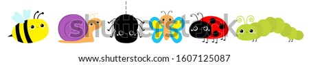 Insect set line. Ladybug ladybird, butterfly, green caterpillar, spider, honey bee, snail. Cute cartoon kawaii baby animal character. Flat design. Isolated. White background. Vector illustration