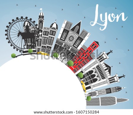 Lyon France City Skyline with Color Buildings, Blue Sky and Copy Space. Vector Illustration. Business Travel and Tourism Concept with Historic Architecture. Lyon Cityscape with Landmarks.