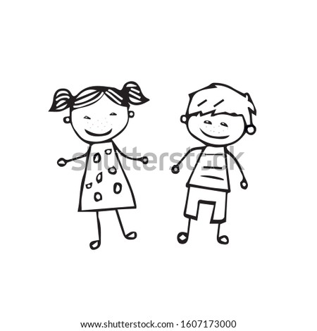 hand-drawn vector illustration of a pair of children a boy and a girl isolated on a white background for coloring book