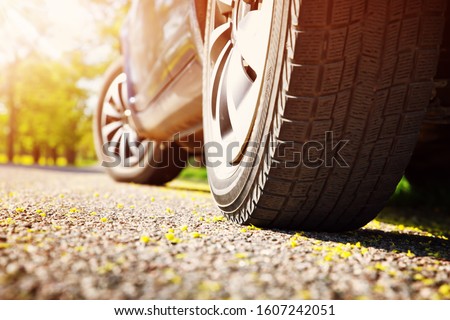 Car tires closeup on asphalt road on summer day at park Royalty-Free Stock Photo #1607242051