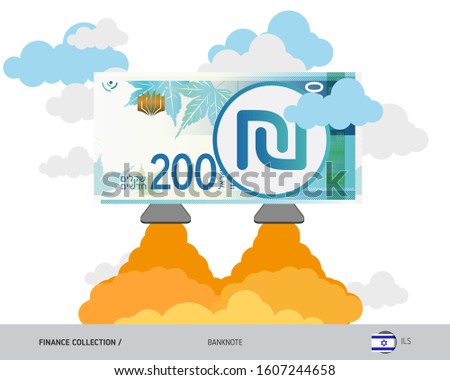 200 Israeli New Shekel rising as a rocket. Flat style vector illustration.