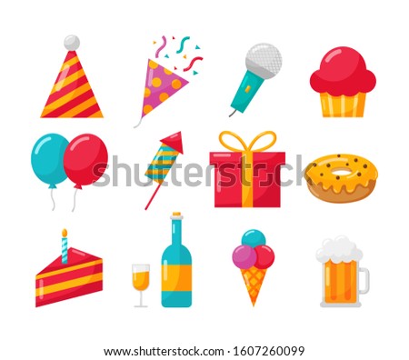happy birthday party icons set on white background. vector Illustration.