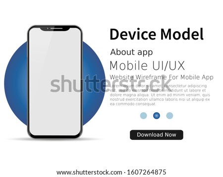 Smartphone blank screen, phone mockup with blue circle. Device model. Modern template for infographics or presentation UI design interface. Vector illustration