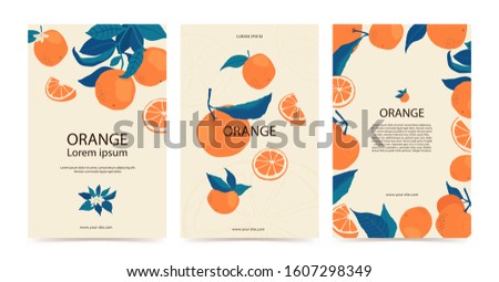Set frame of oranges on branches with copy space in flat style. Template with citrus fruits for your brochure design, banner, labels. Vector stock illustration