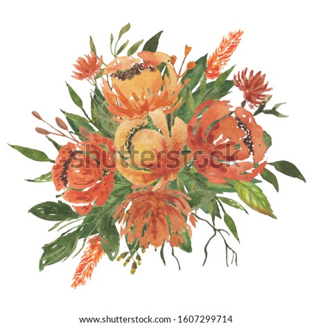 Beautiful flower and herbal arrangement. Watercolor red, orange, yellow brightbouquet with different hand drawn elements. Hand drawn composition. Wild and garden flower. Isolated on white background.