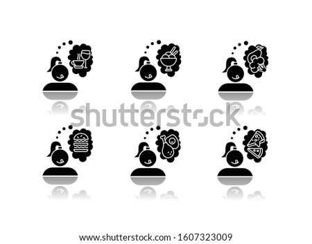 Food craving drop shadow black glyph icons set. Woman thinking of unhealthy snack. Delicious treat. Thoughts of fast food. Burger, pizza. Ice cream. Appetite and hunger. Isolated vector illustrations