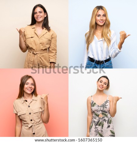 Set of women over isolated backgrounds pointing to the side to present a product