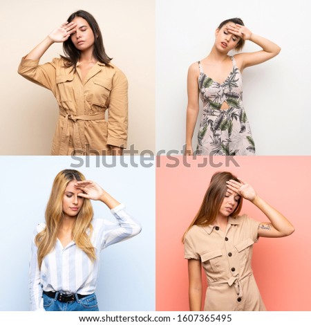 Set of women over isolated backgrounds with tired and sick expression