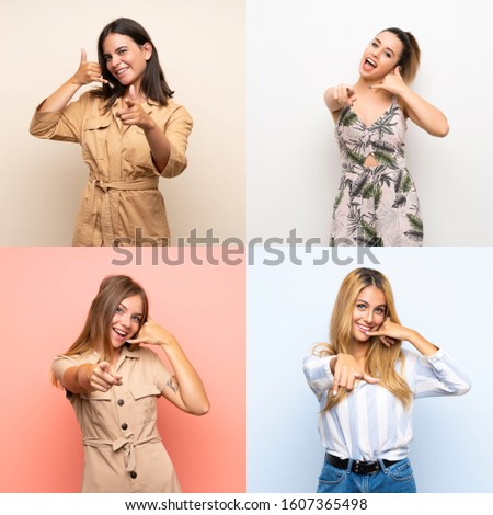 Set of women over isolated backgrounds making phone gesture and pointing front