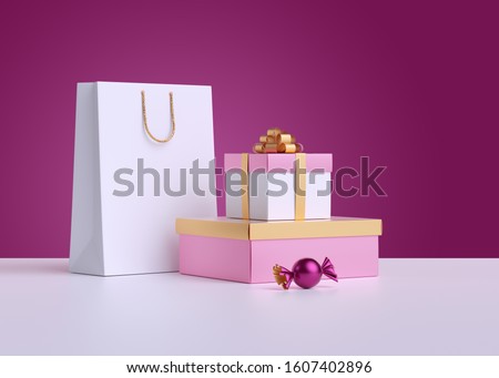 3d render. Shopping bag, wrapped gift box, candy isolated on pink background. Commercial concept, poster mockup. Product display for advertisement.